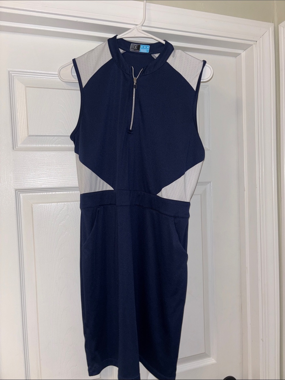 PGA Tour Navy and White Sleeveless Zip-Front Midi Dress